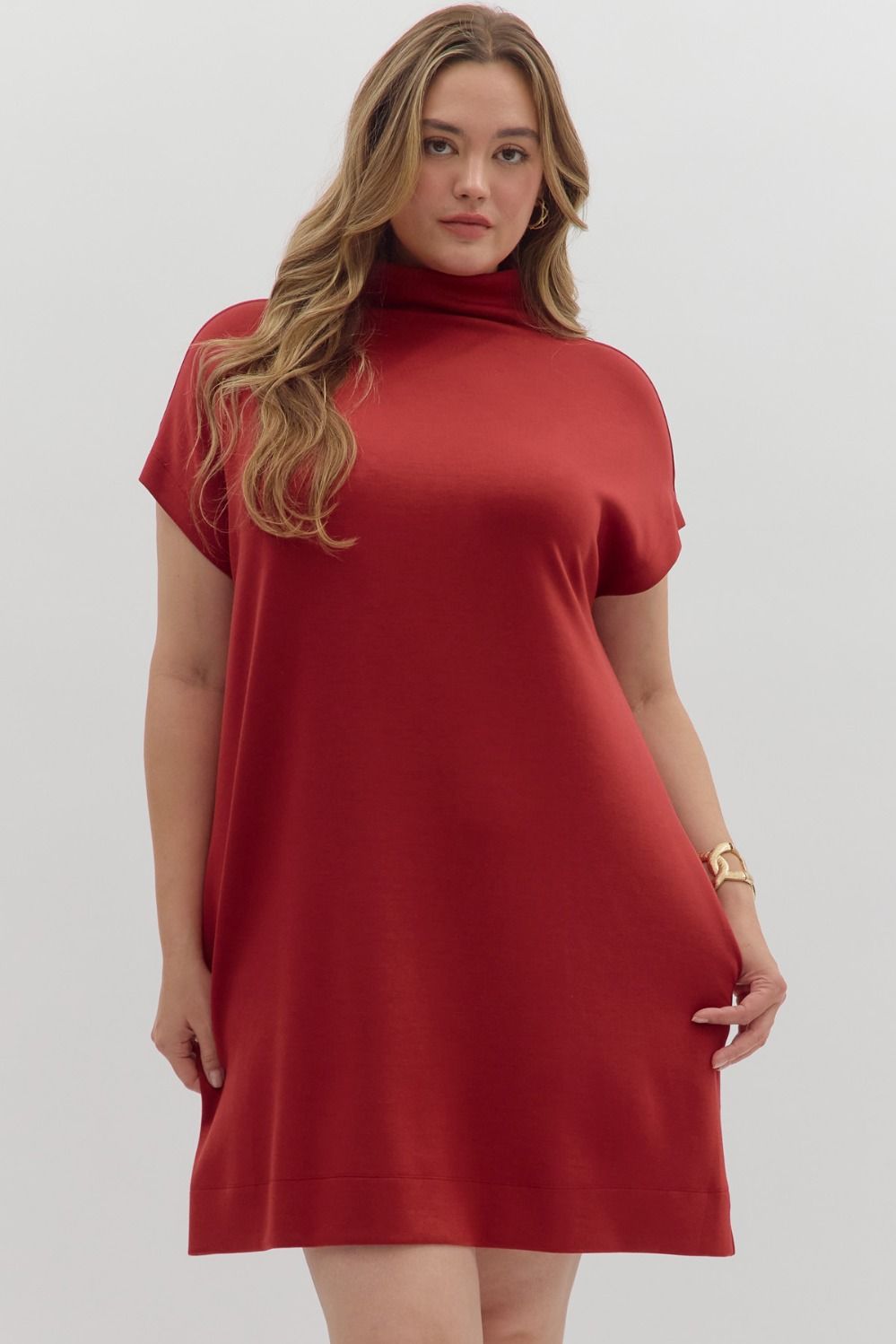 Brick Solid Jersey Mock Neck Pullover Dress