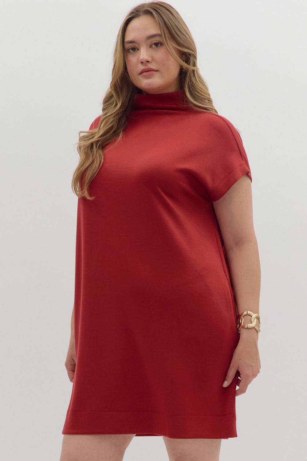 Brick Solid Jersey Mock Neck Pullover Dress