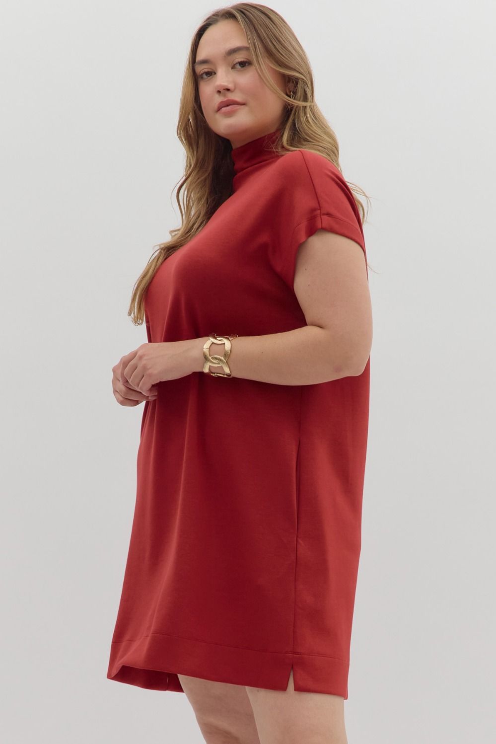 Brick Solid Jersey Mock Neck Pullover Dress