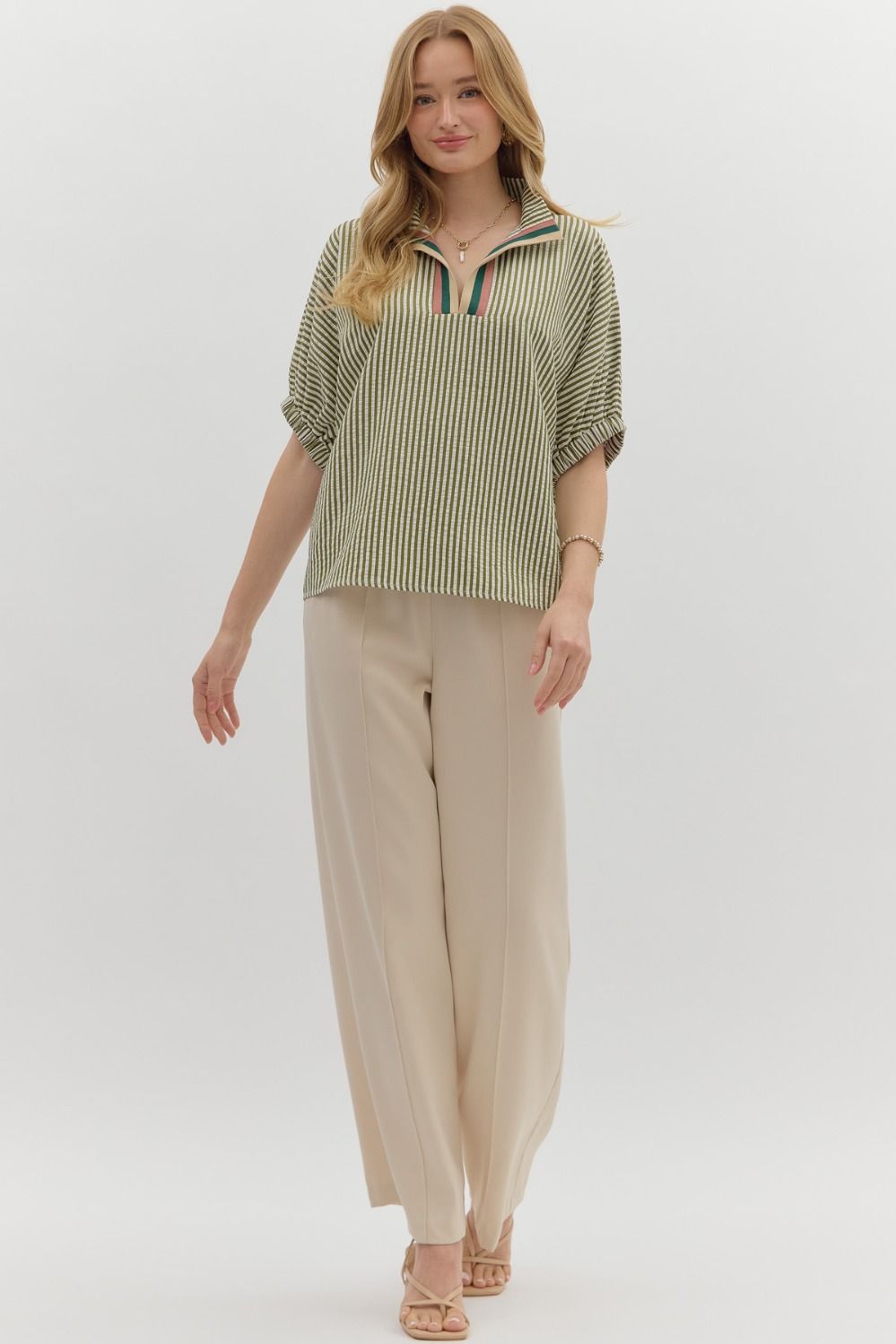 Olive Striped Dolman Sleeve Pullover Top