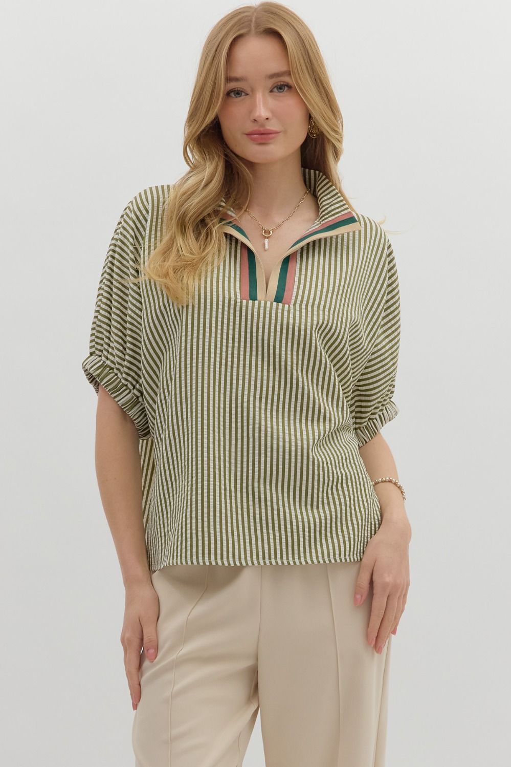 Olive Striped Dolman Sleeve Pullover Top