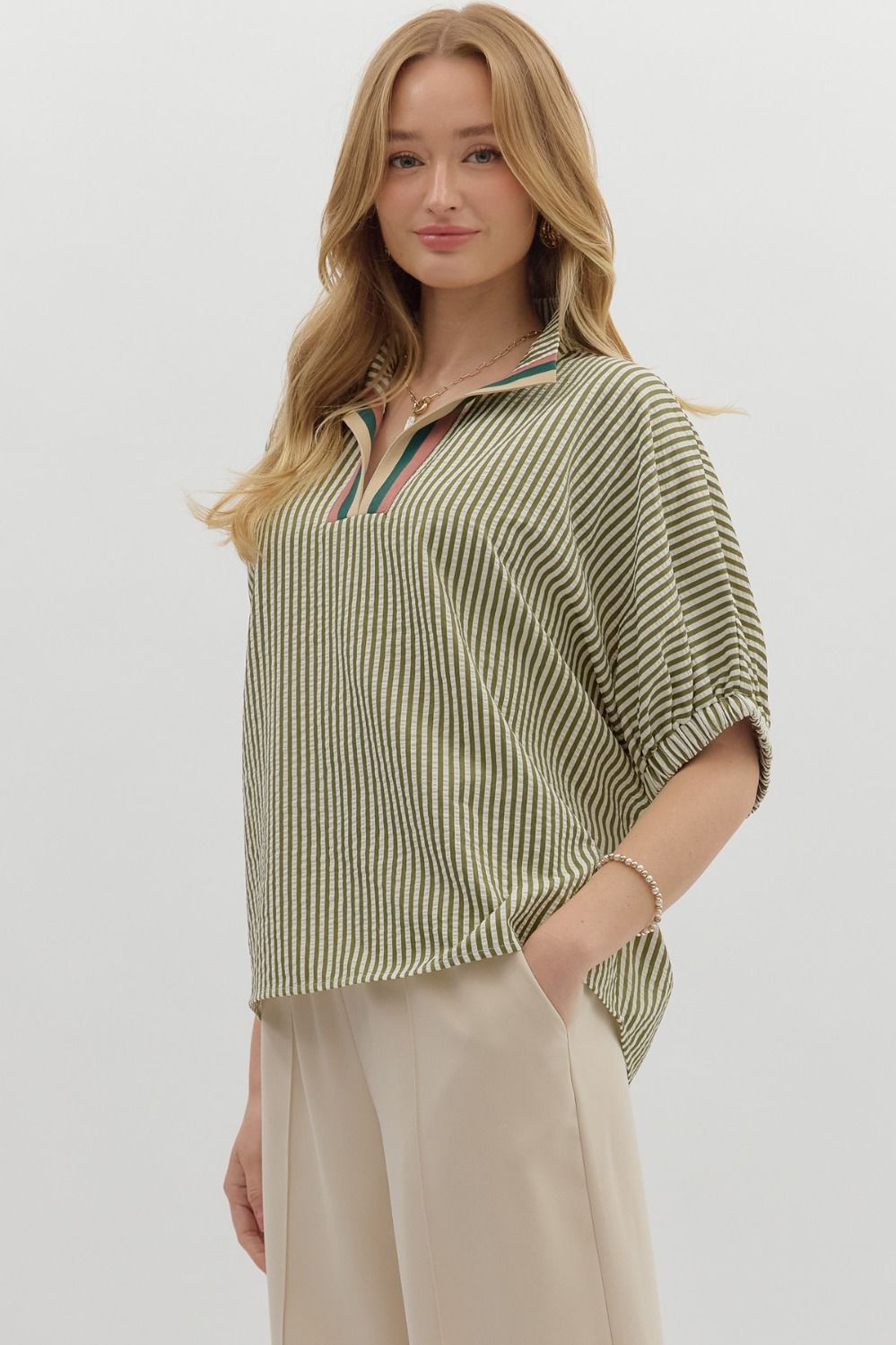 Olive Striped Dolman Sleeve Pullover Top