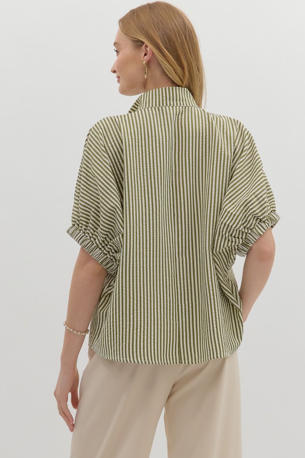 Olive Striped Dolman Sleeve Pullover Top