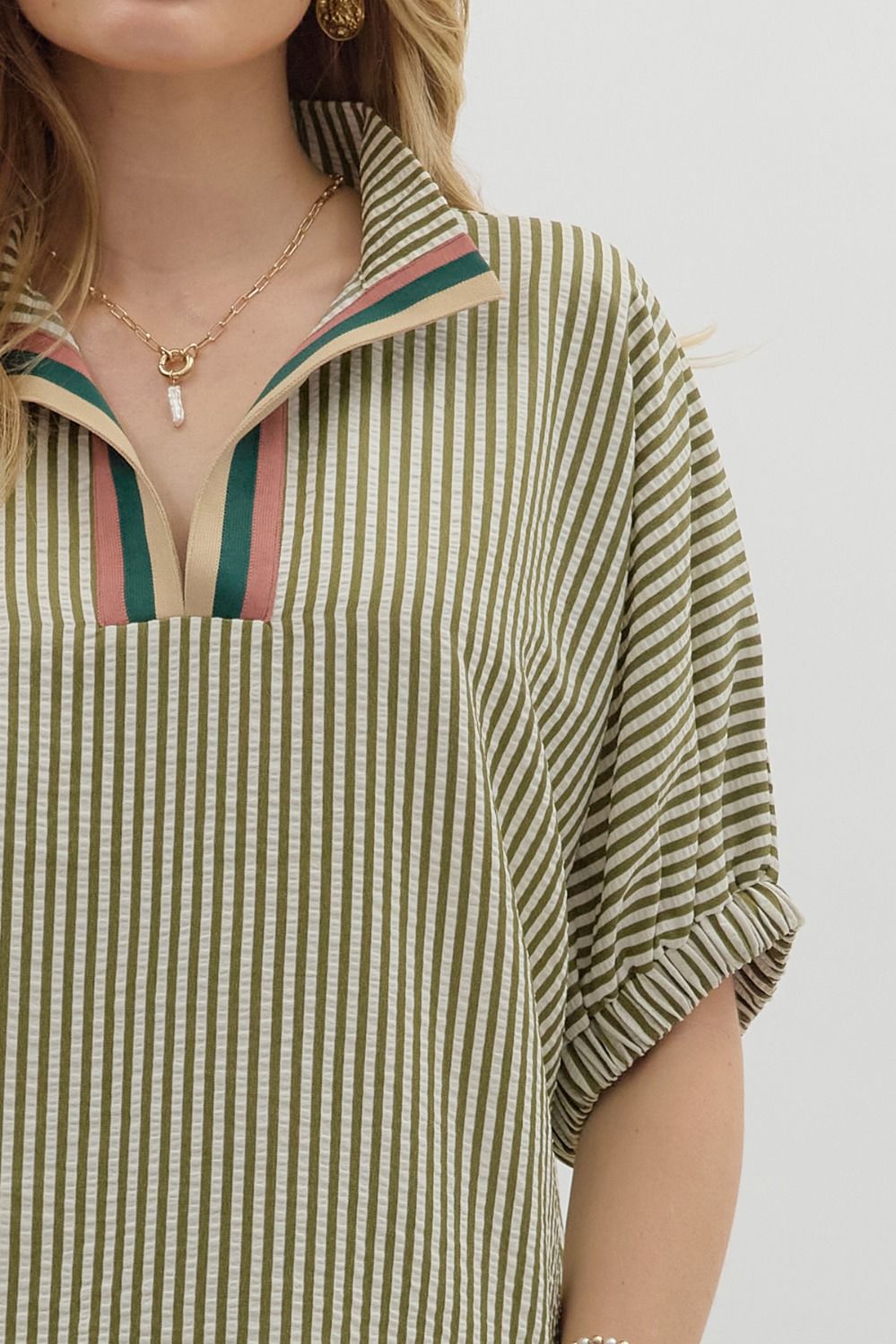 Olive Striped Dolman Sleeve Pullover Top