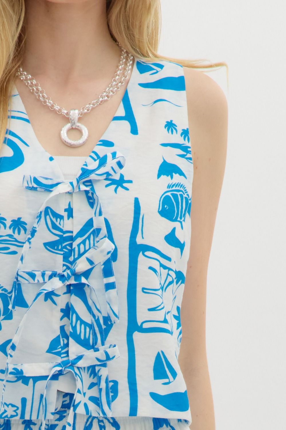Blue Resort Pattern Tie Front Shirt