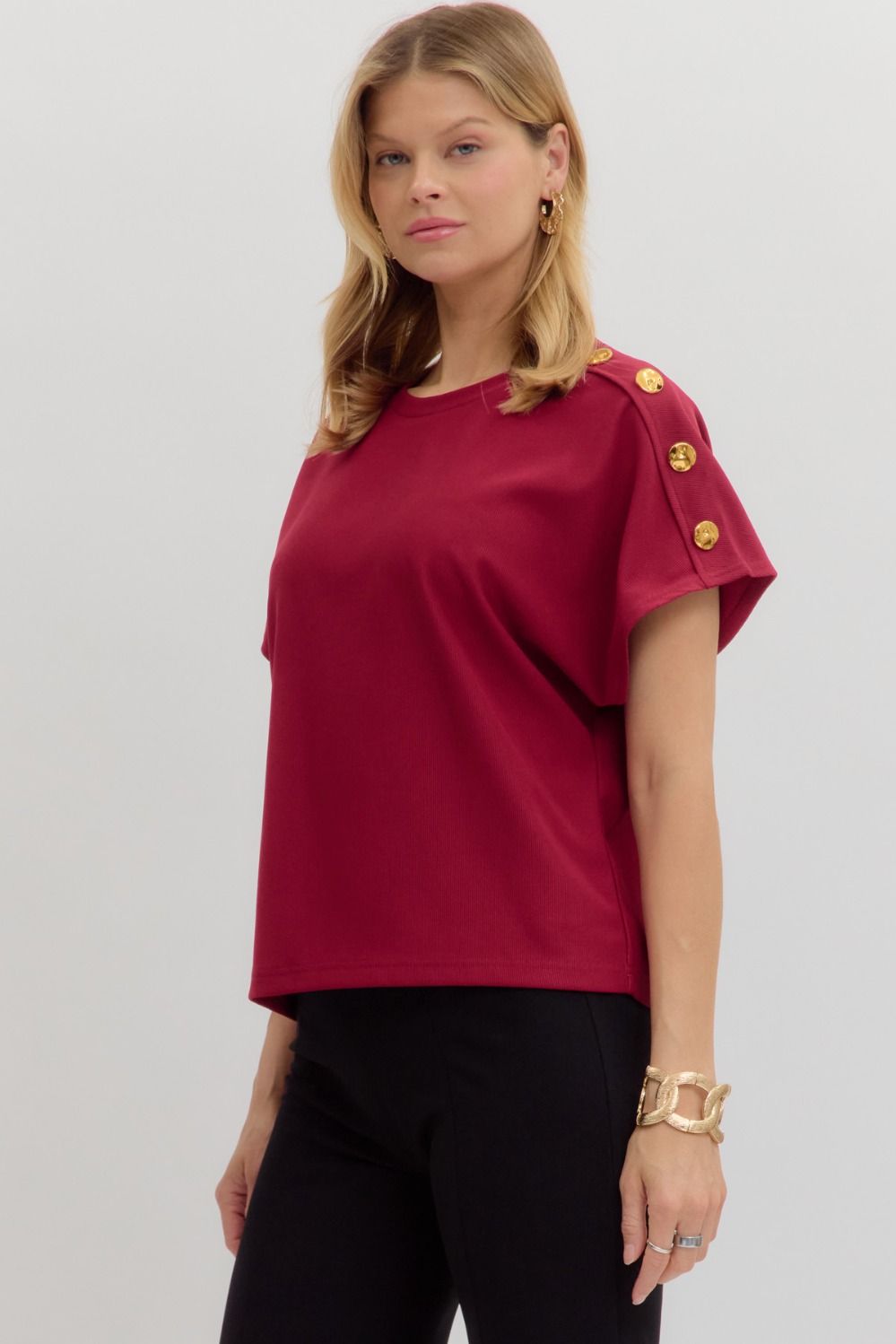Cherry Crew Neck Gold Button Pullover Blouse