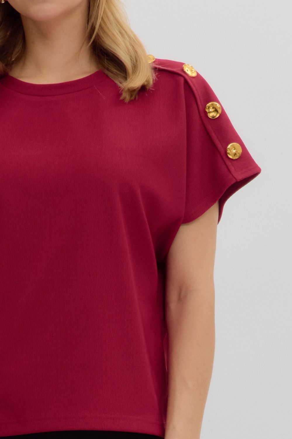 Cherry Crew Neck Gold Button Pullover Blouse