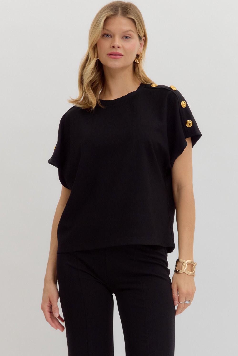 Black Crew Neck Gold Button Pullover Blouse