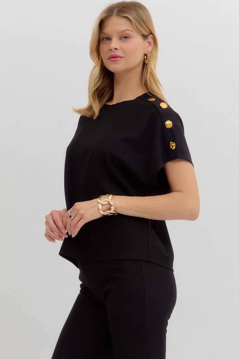 Black Crew Neck Gold Button Pullover Blouse