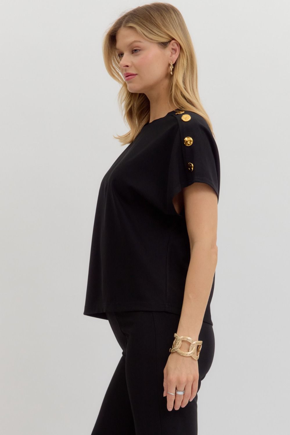 Black Crew Neck Gold Button Pullover Blouse