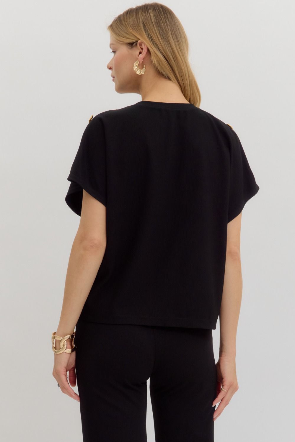 Black Crew Neck Gold Button Pullover Blouse