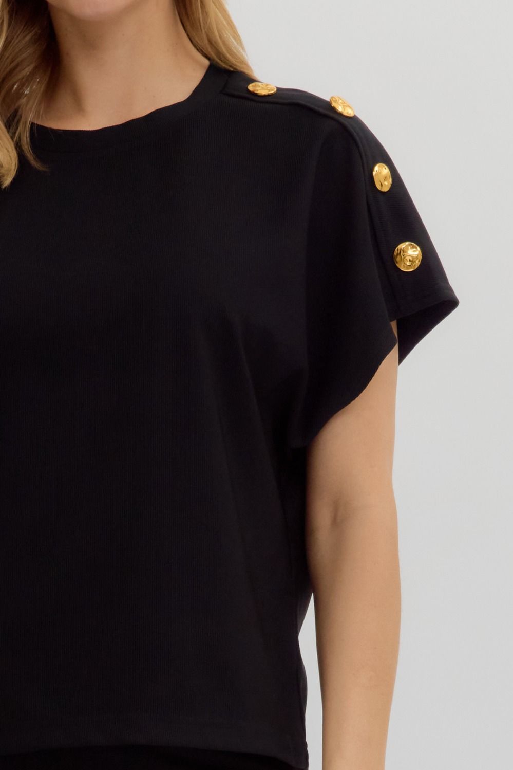 Black Crew Neck Gold Button Pullover Blouse