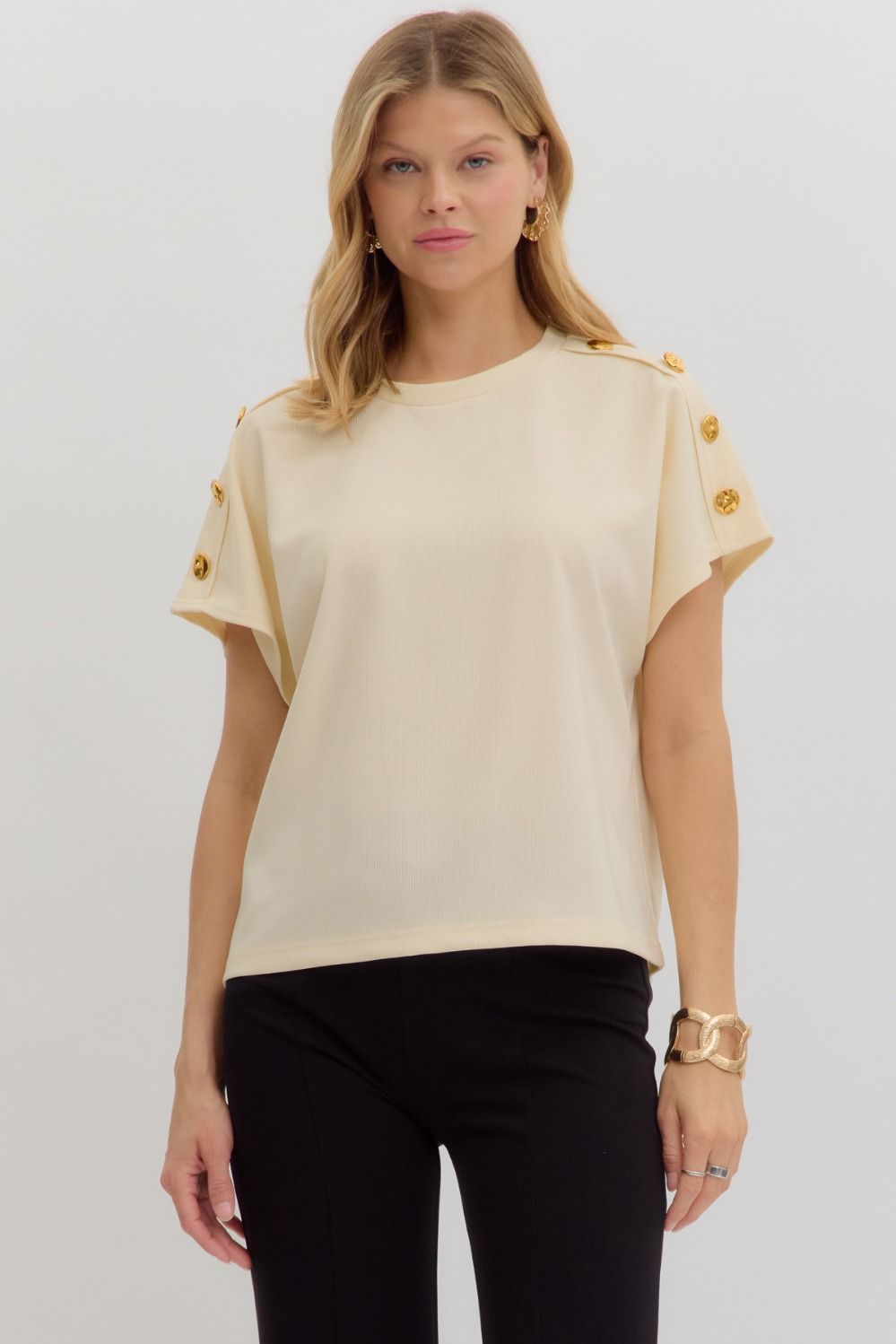 Ecru Crew Neck Gold Button Pullover Blouse