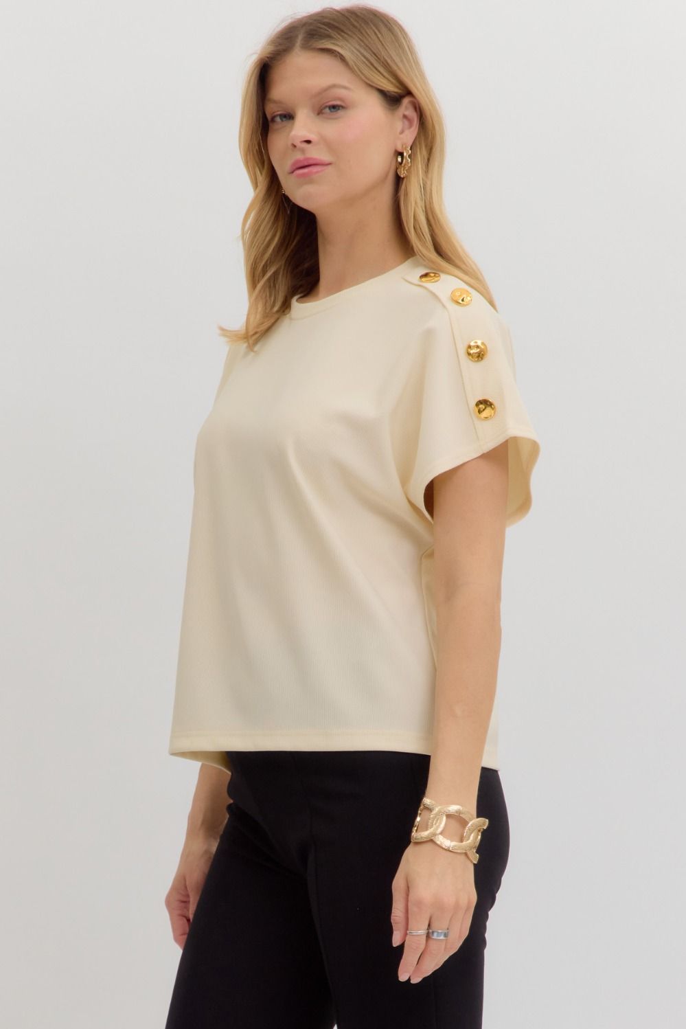 Ecru Crew Neck Gold Button Pullover Blouse