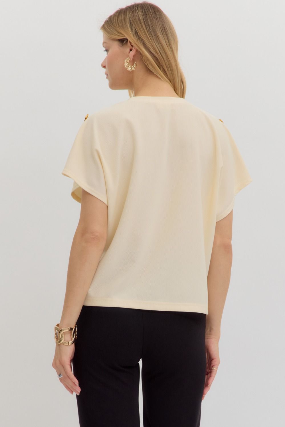 Ecru Crew Neck Gold Button Pullover Blouse