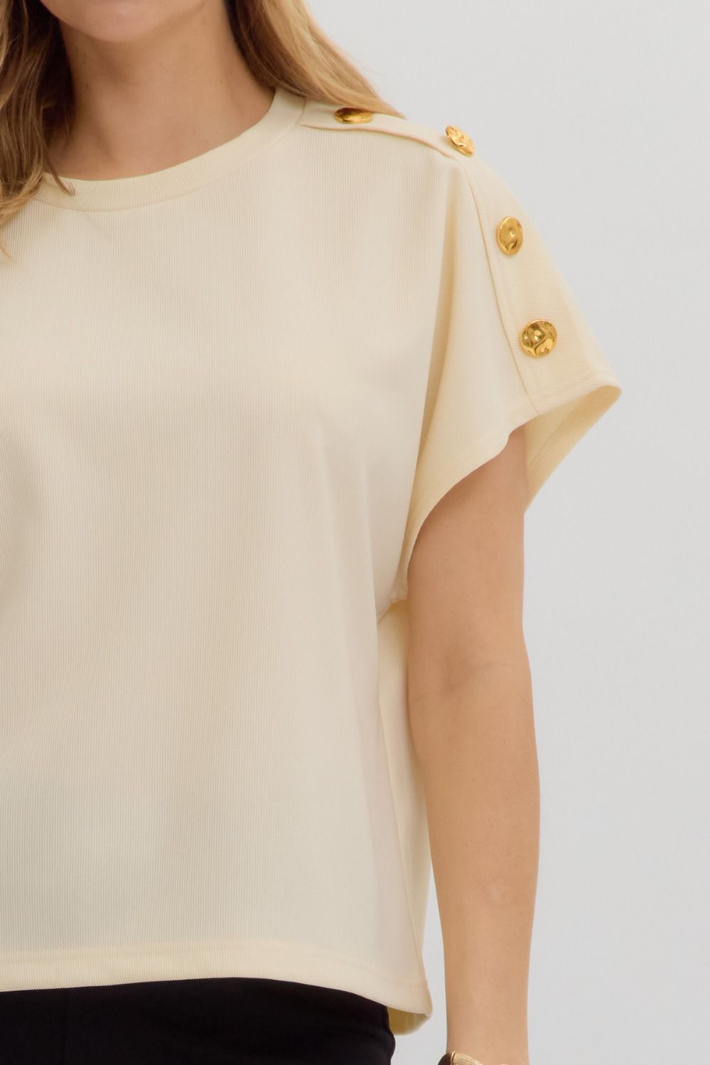 Ecru Crew Neck Gold Button Pullover Blouse