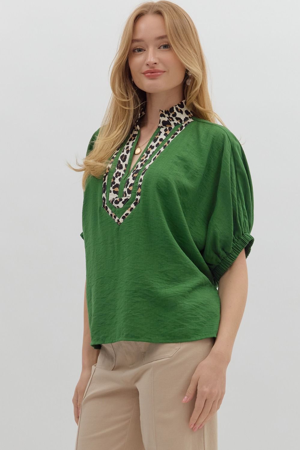 Fern and Leopard Dolman Sleeve Pullover Top