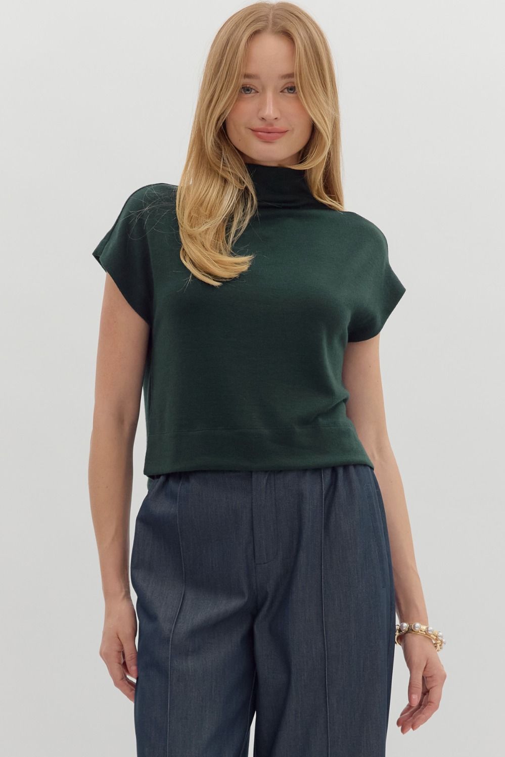 Hunter Green Solid Knit Mock Neck Pullover Top