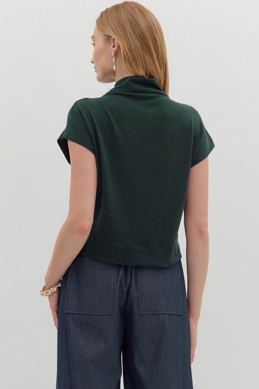 Hunter Green Solid Knit Mock Neck Pullover Top