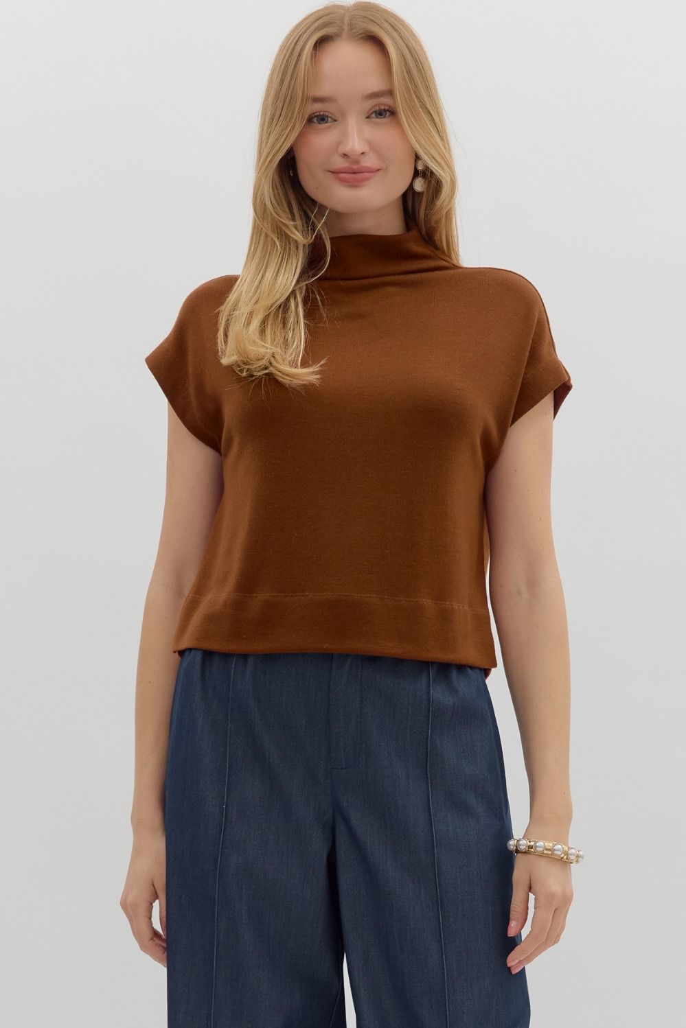 Rust Solid Knit Mock Neck Pullover Top