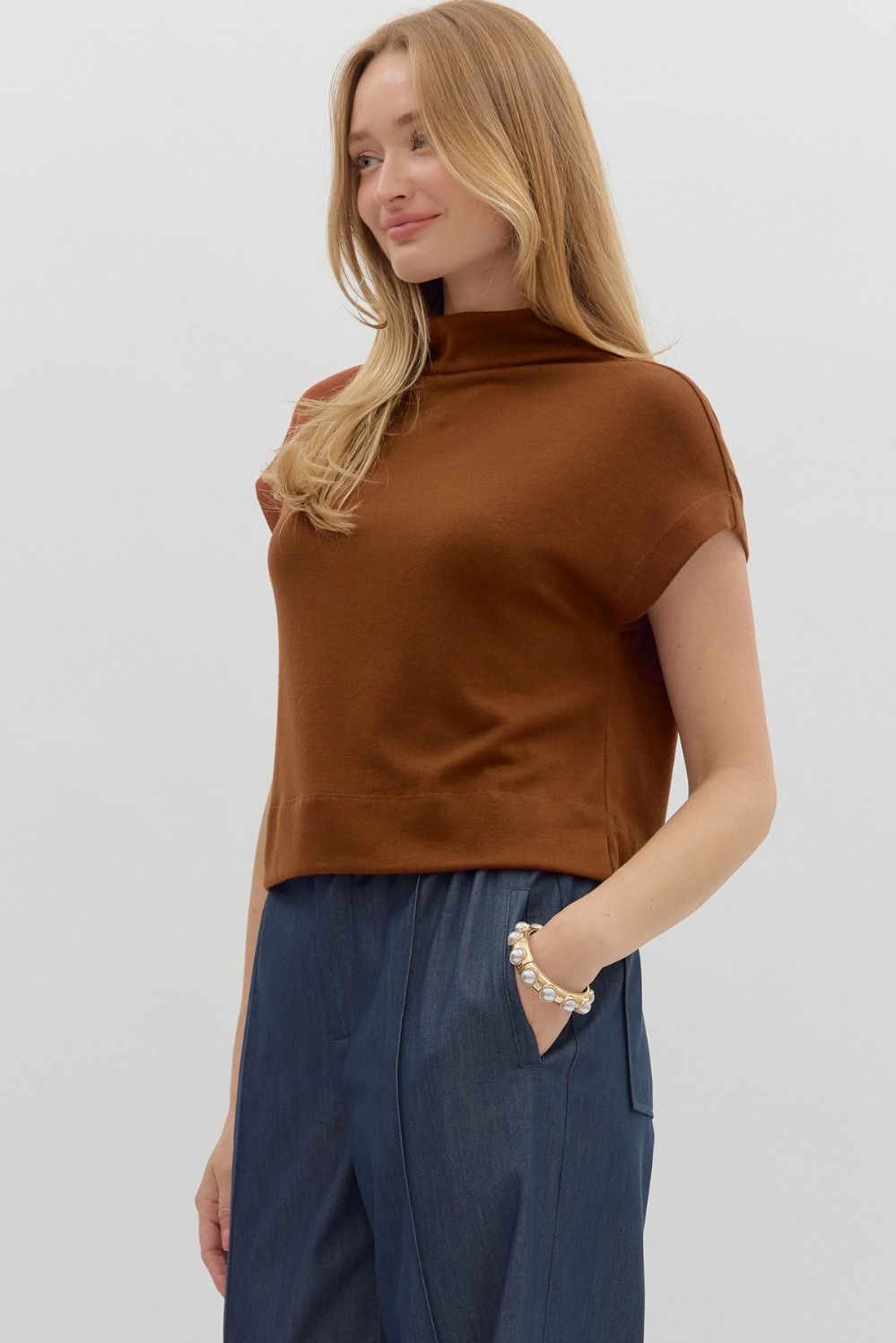 Rust Solid Knit Mock Neck Pullover Top