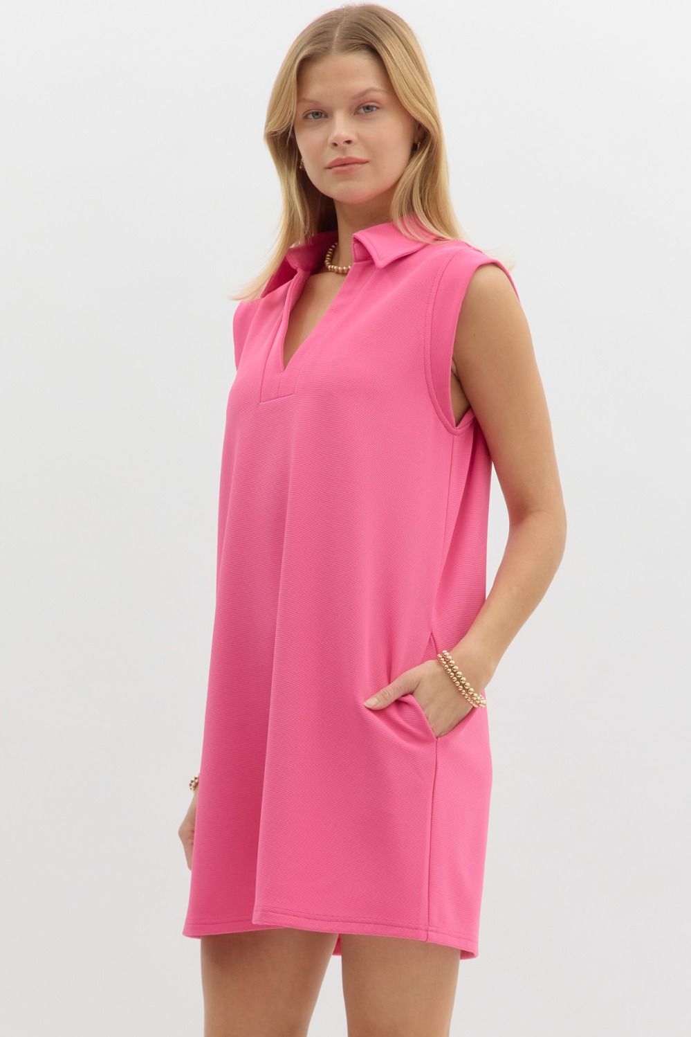 Textured Solid Pink V Neck Dress