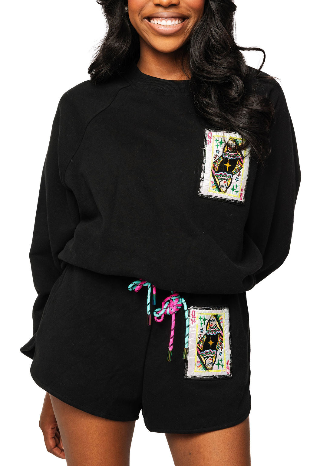 Queen of Sparkles Black QOS Card Rhinestone Tie Sweatshirt