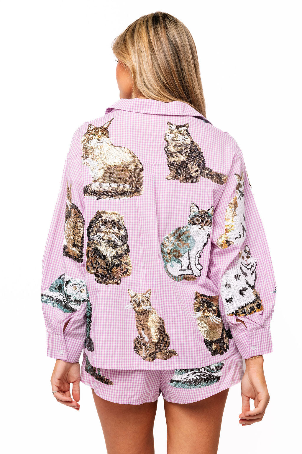 Queen of Sparkles Lavender Gingham Queen Of Cats Button Up Long Sleeve Top