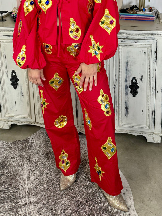 Queen of Sparkles Red & Gold Jeweled Ornament Pant