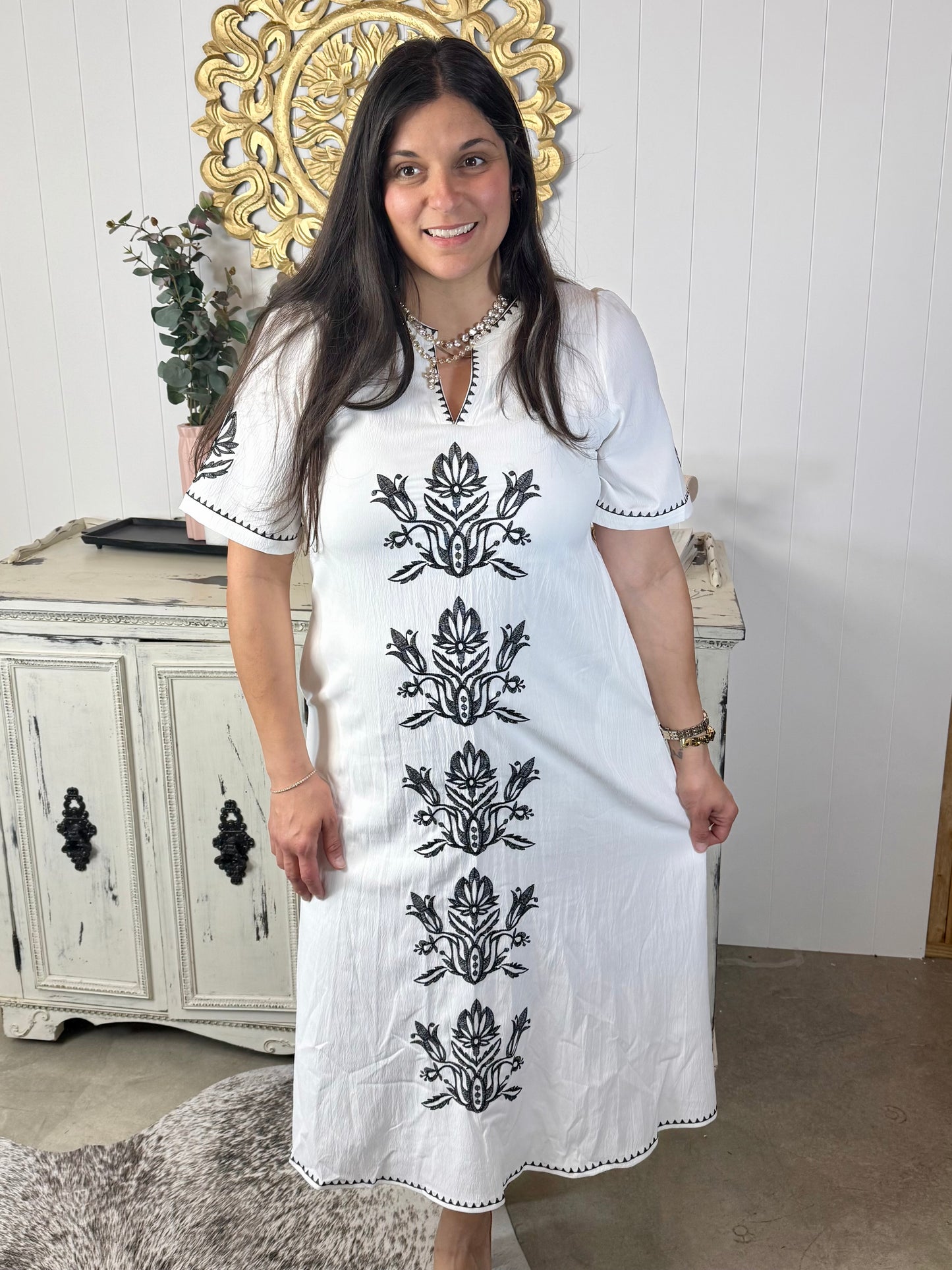 Off White Embroidered Midi Dress