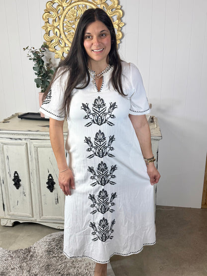 Off White Embroidered Midi Dress