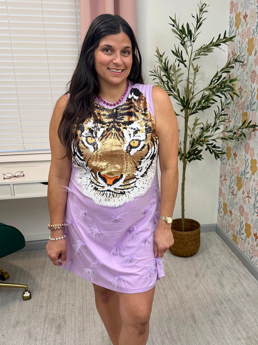 Queen of Sparkles Lavender Sequin Tiger Face Rhinestone Feather Tank Dress