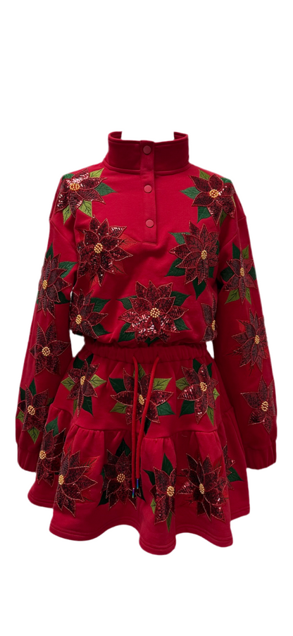 Queen of Sparkles Red Poinsettia Sweatshirt Dress