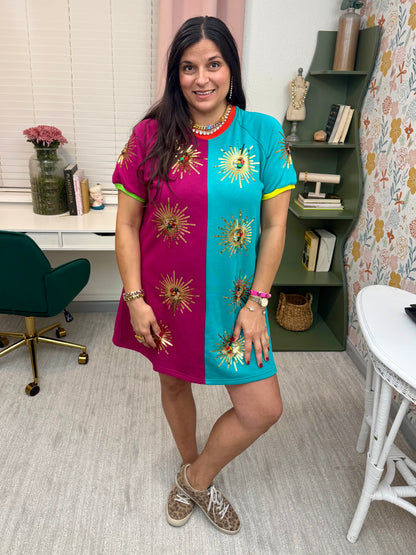 Queen of Sparkles X Denash Exclusive Sunburst Colorblock Dress