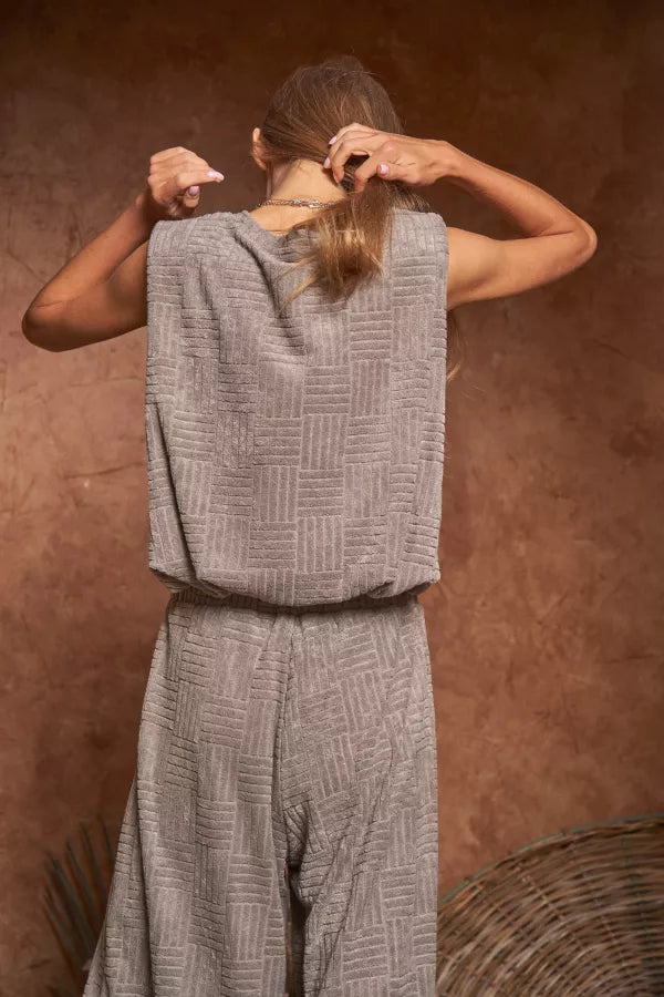 Gray Velvet Textured Sleeveless Round Neck Top