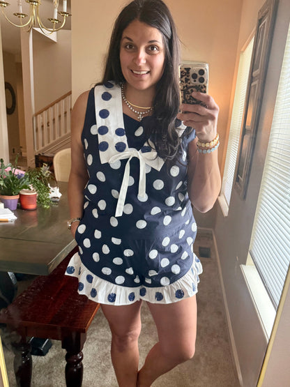Queen of Sparkles Navy & White Polka Dot Collar Tank