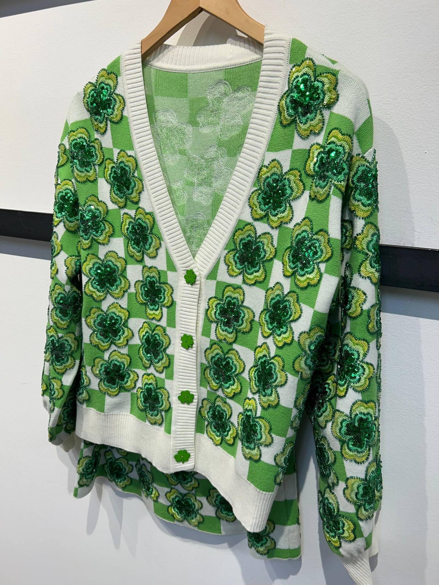 Queen of Sparkles Green & White Checkered Shamrock Cardigan