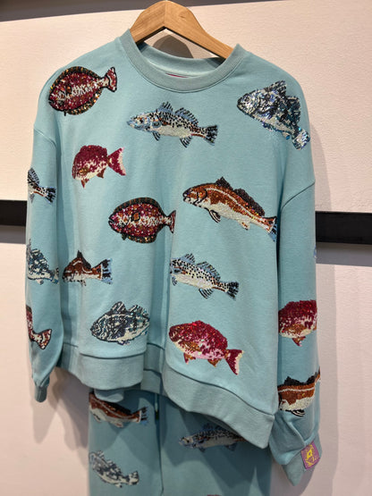 Queen of Sparkles Light Blue Fish Sweatshirt