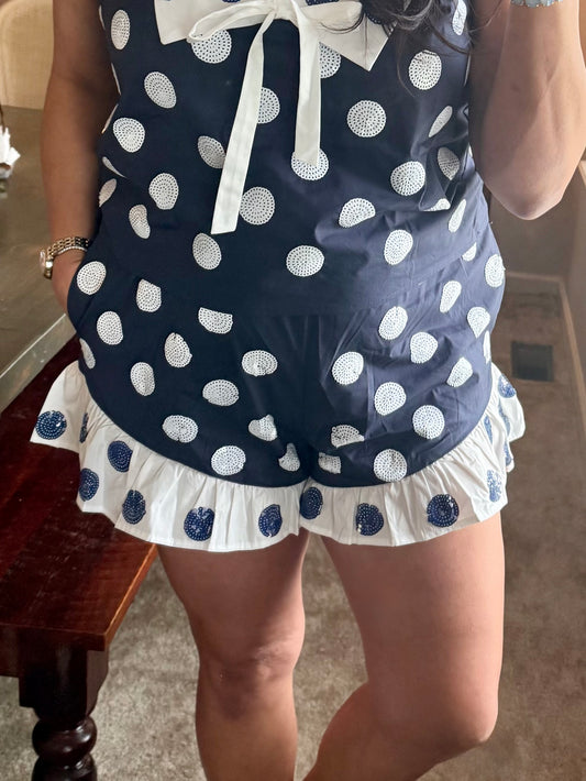 Queen of Sparkles Navy & White Polka Dot Ruffle Short
