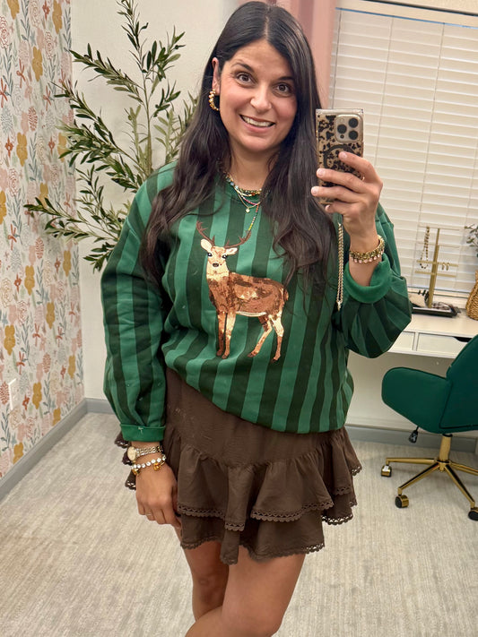 Queen of Sparkles Green Striped Deer Sweatershirt