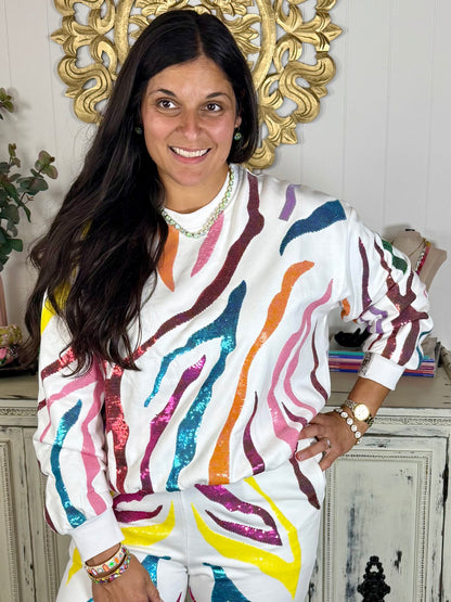 Queen of Sparkles White and Rainbow Tiger Stripe Sweatshirt