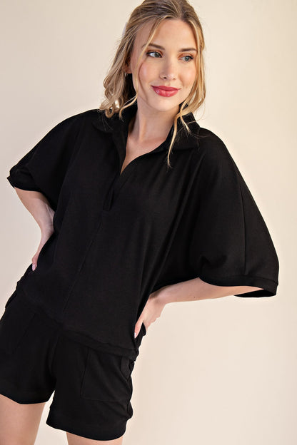 Black V-Neckline Dropped Shoulder Knit Top