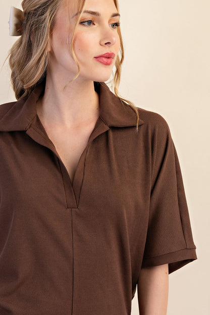 Mocha V-Neckline Dropped Shoulder Knit Top