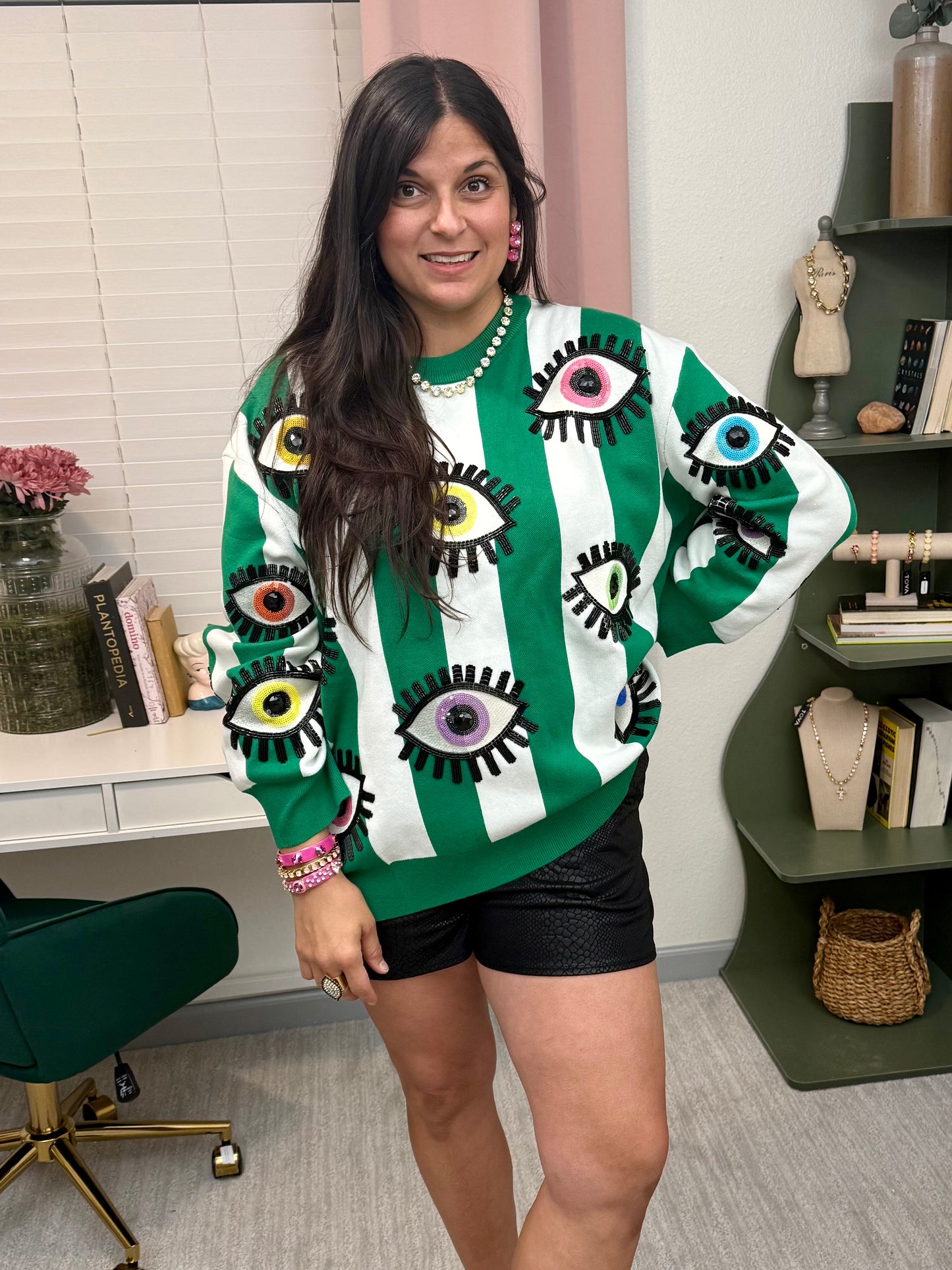 Queen of Sparkles Green & White Striped Multi Eye Sweater