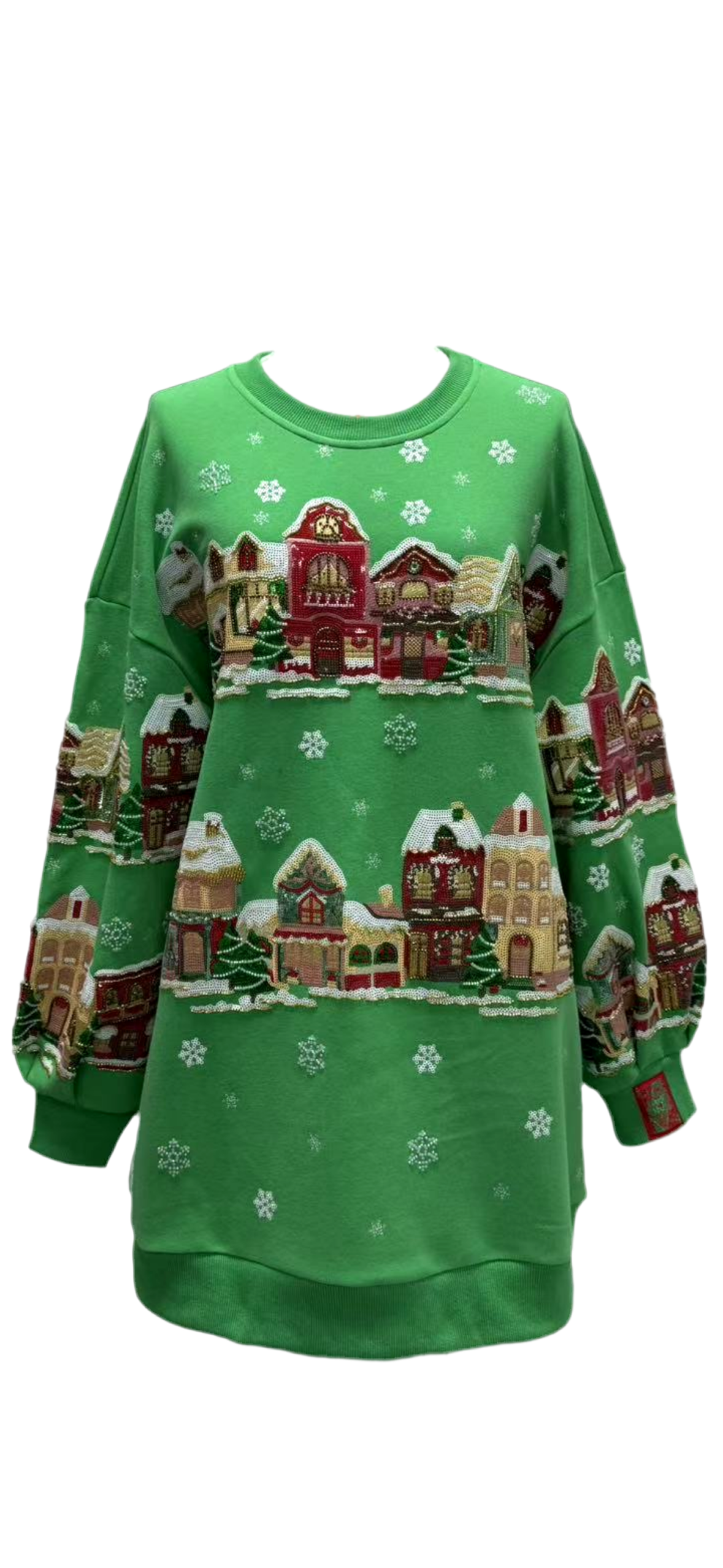 Queen of Sparkles Green Christmas Village Sweatshirt Dress