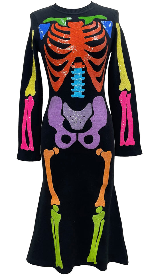 Queen of Sparkles Black Multi Skeleton Knit Midi Dress