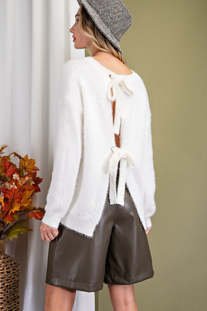 White Open Back Tie Sweater