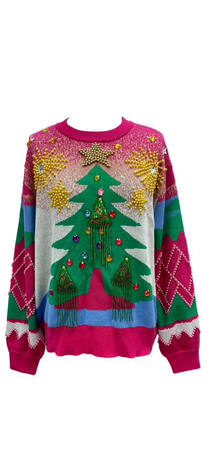 Queen of Sparkles Pearl Fringe Christmas Tree Sweater