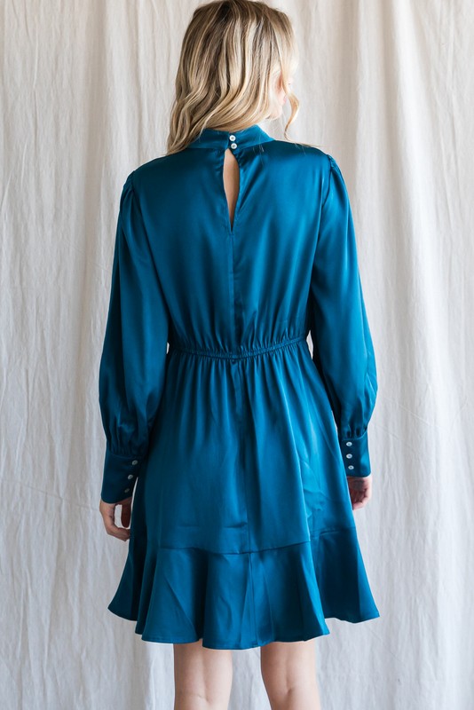 Teal Satin Ruffled Hemline Dress