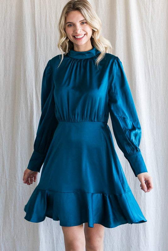 Teal Satin Ruffled Hemline Dress